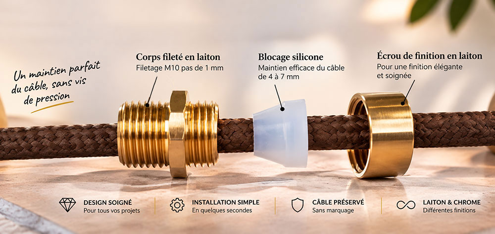 Principe de montage d'un serre-câble en laiton avec blocage silicone